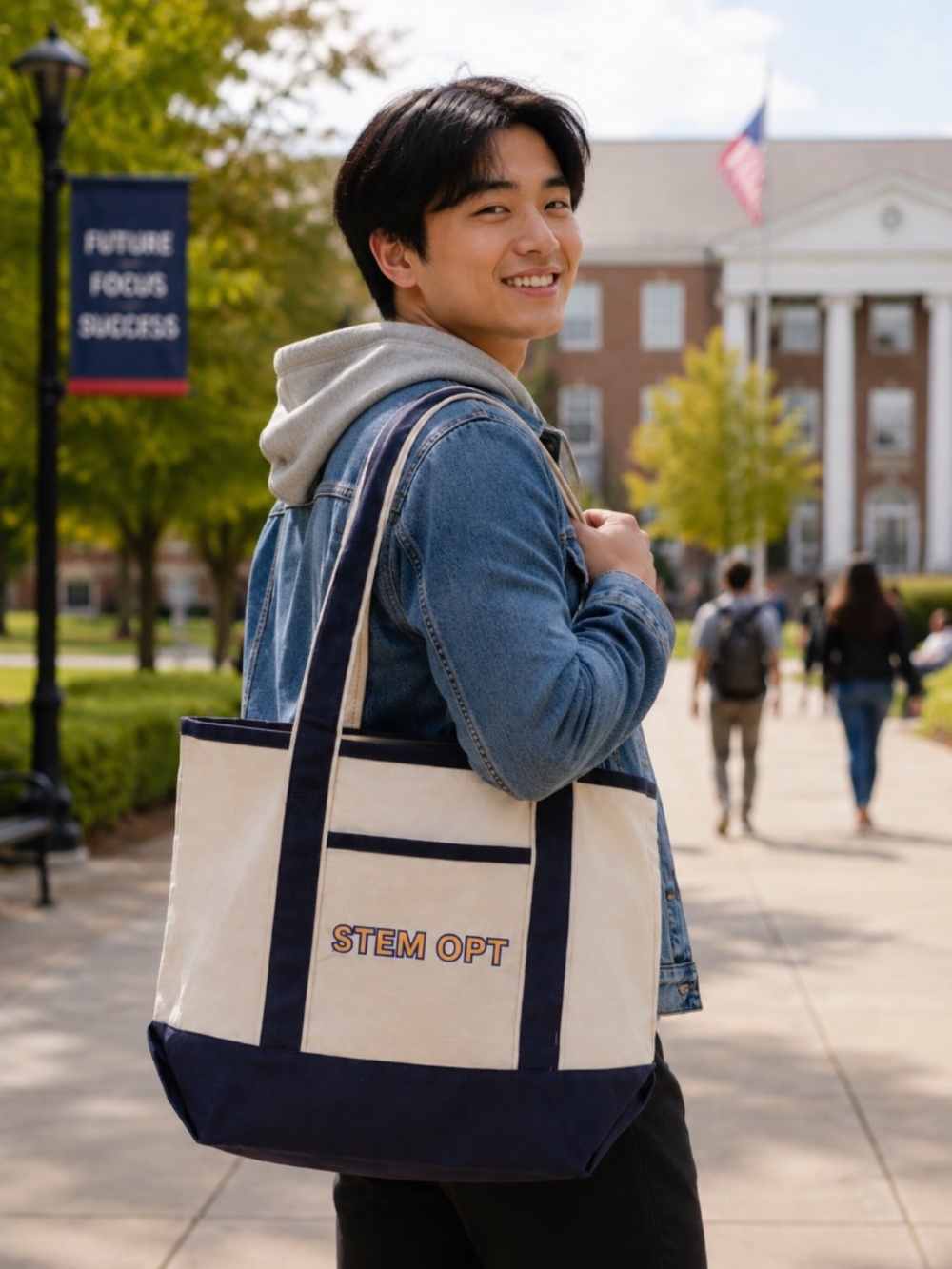 College Canvas Tote Bag | Natural/Navy | International Student Gift